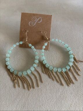 Pistachio Beaded Hoop Earrings with Gold Fringe -